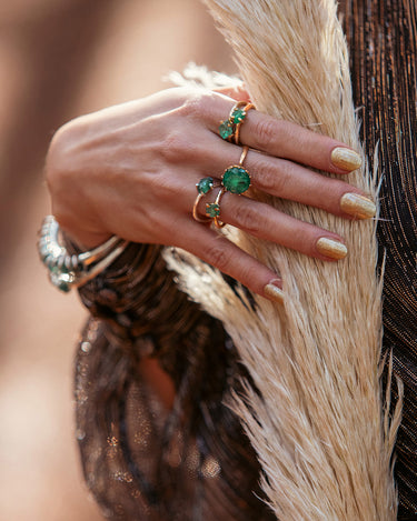 Emeralds, gold and bronze, stacking rings, ring and cuffs, unisex, from RACK & STACK and Regal Rebel collection by RAFU APPU.