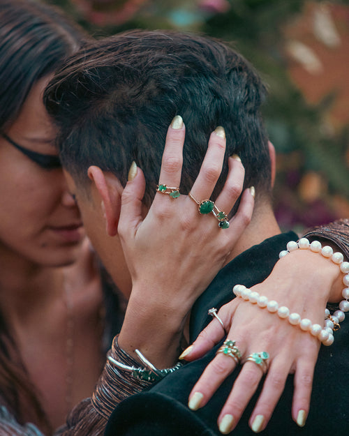 Emeralds, pearls, gold and silver, rings and cuffs, in the unisex Regal Rebel collection by RAFU APPU.
