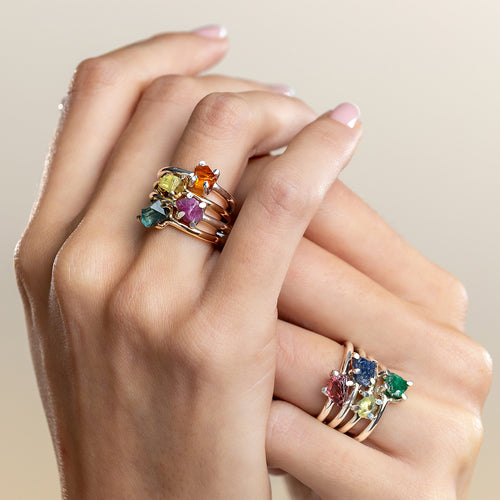 Rack & Stack collection, Rainbow Stack ring, emerald, sapphire, ruby, tourmaline, spessartine, chrysoberyl, gold, silver, bronze, RAFU APPU.