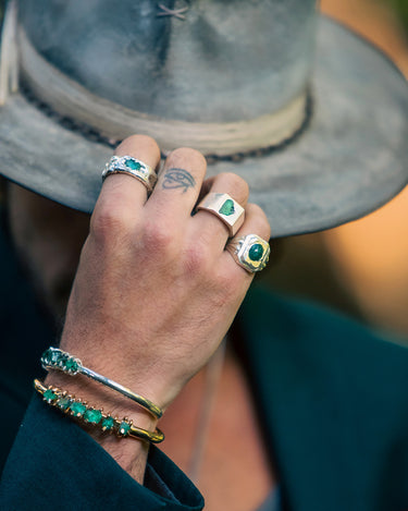 RAFU APPU Regal Rebel collection, emerald style, gold, silver, rings, bracelets, cuffs.