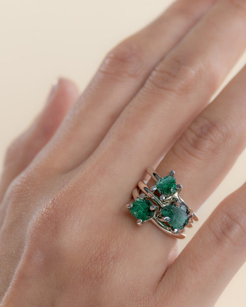 RAFU APPU Sterling SIlver and emerald Stack of  RIngs on hand